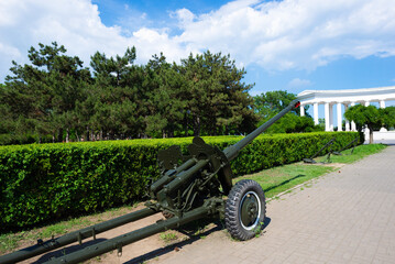 Old artillery gun of the last century in the city center, Ukraine
