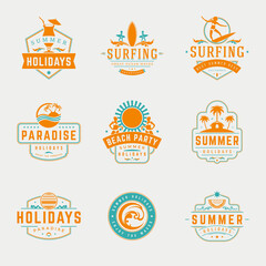 Summer holidays labels or badges retro typography vector design templates set. Silhouettes and icons for posters, greeting cards and advertising.