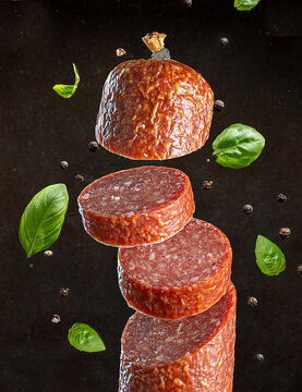 salami sausage in levitation cut pieces