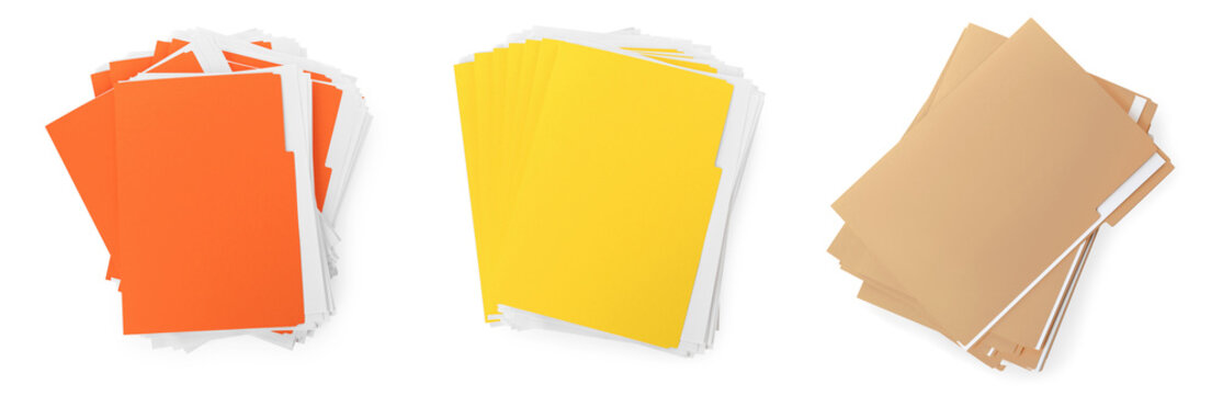 Set of different files with documents on white background, top view. Banner design