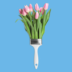 Creative design with paint brush and beautiful tulips on turquoise background. Spring is coming
