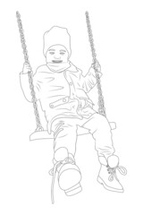 Child swinging on a swing sketch outline illustration.