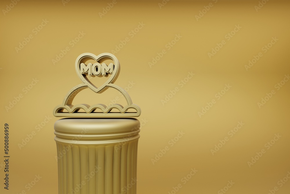 Poster beautiful illustrations golden cake with word mom and heart symbol icons on a golden column and wond