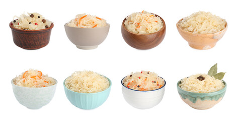 Set with tasty fermented cabbage with carrot on white background. Banner design