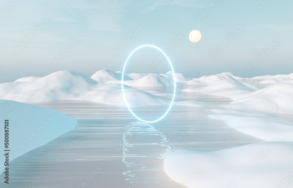 Poster abstract winter landscape scene background. surreal scene. 3d rendering.