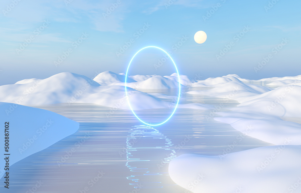 Poster abstract winter landscape scene background. surreal scene. 3d rendering.