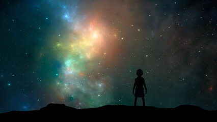 Space background. Girl hero silhouette standing on mountain with colorful fractal nebula and star field. 3D rendering