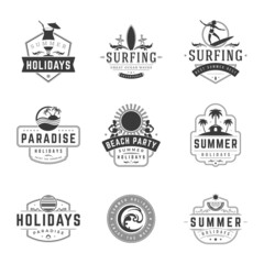 Summer holidays labels or badges retro typography vector design templates set. Silhouettes and icons for posters, greeting cards and advertising.