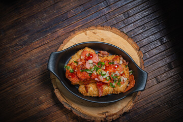 Meat stew with baked potatoes- hunter style. Fastfood- restaurant concept