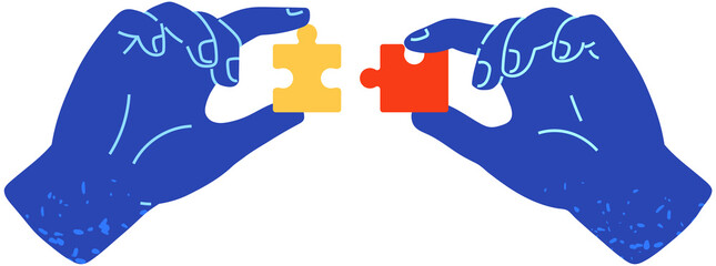 Hands assembling jigsaw puzzle pieces together. Multicolored logic toy, folding picture or mosaic vector illustration. People cooperate to connect pieces of mosaic. Teamwork with puzzle game - obrazy, fototapety, plakaty