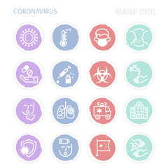 Coronavirus thin line icons set. Highlights for stories cover. Virus, airborne infection, medical mask, fever, vaccine, hand washing, bacteria under magnifier, pneumonia. Vector illustration