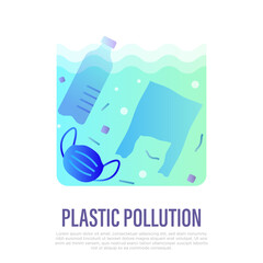 Plastic pollution. Plastic bottle, plastic bottle and medical mask in ocean or sea. Thin line icon. Overconsumption. Trash under water. Vector illustration.