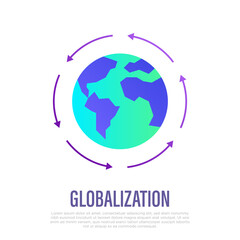 Globalization, arrows around the planet. Gradient flat icon. International business, worldwide distribution, logistic transportation. Overconsumption. Vector illustration.