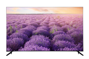 Modern wide screen TV monitor showing beautiful lavender field isolated on white