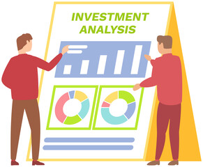 Investment analysis concept banner with characters. Financial administration. Commerce solutions for investments, statistic grow business data, accounting infographic. People analyzing growth charts