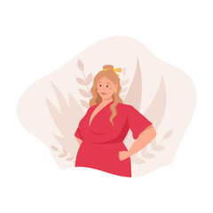 Vector illustration of a modern fashionable plump woman in a dress.