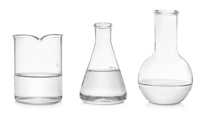 Different laboratory glassware on white background, banner design