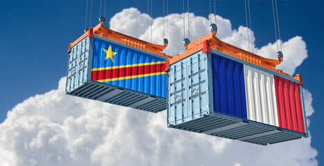 Cargo containers with France and Democratic Republic of the Congo national flags. 3D Rendering