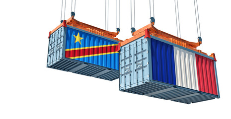 Cargo containers with France and Democratic Republic of the Congo national flags. Isolated on white. 3D Rendering