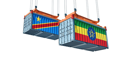 Cargo containers with Ethiopia and Democratic Republic of the Congo national flags. Isolated on white. 3D Rendering