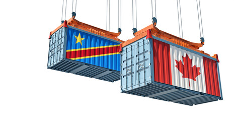 Cargo containers with Canada and Democratic Republic of the Congo national flags. Isolated on white. 3D Rendering