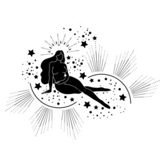 Trendy black line art composition with a woman body silhouette and celestial bodies. Vector magic woman  illustration for creating posters, postcard, tarot, books, covers.