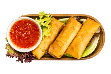 Top view of homemade Deep Fried Spring Roll with Chili Sauce and vegetable in wooden tray on white background with clipping path.