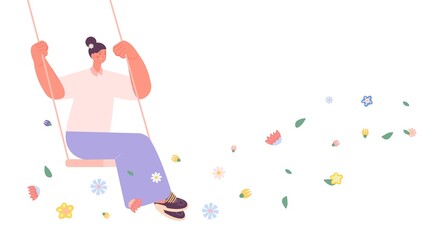 Spring vibes. Girl on swing in flowers flow. Summer vacation, happiness and positive mood. Woman dreams, floral good fantasy vector scene