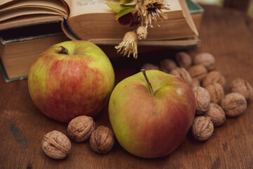 apples and books and walnuts in vintage colors