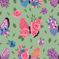 seamless pattern with purple decorative butterfly and flowers