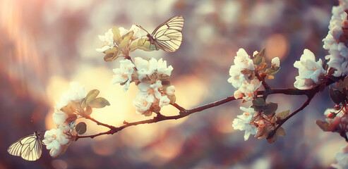 spring blooming garden background, delicate white flowers on trees, seasonal march springtime - obrazy, fototapety, plakaty