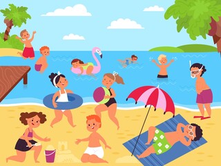 Cartoon kids on beach. Children on sea playing with sand. Summer tourism activity. Seasonal vacations, kid swimming and jumping in water, decent vector scene