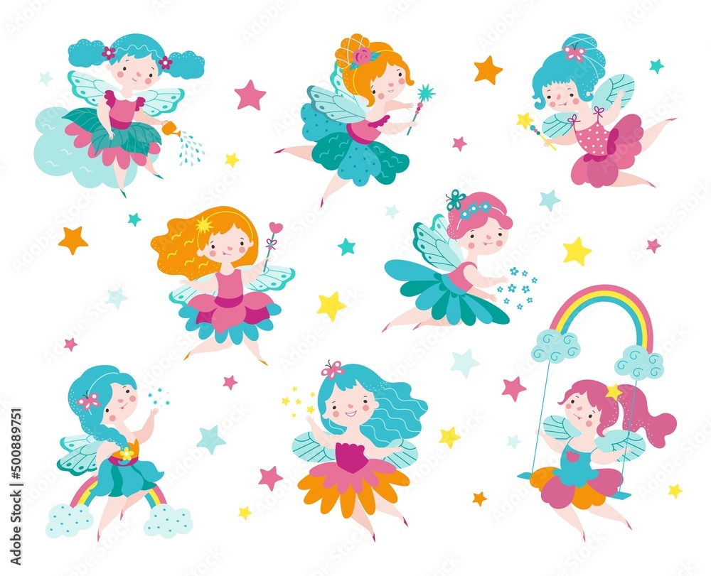 Poster Cartoon fairy. Kids fairies in dress, sweet mythical and tales characters. Magic cute flying girls. Little princess with wings nowaday vector kit