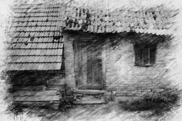 Fototapeta na wymiar abandoned house boarded up in pencil drawing style