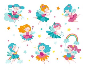 Cartoon fairy. Kids fairies in dress, sweet mythical and tales characters. Magic cute flying girls. Little princess with wings nowaday vector kit