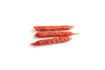 Small smoked sausage isolated on white, side view, close up.