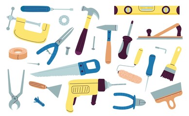 Working tools. Repairman toolkit with drill, hammer, screws wrench. Carpenter doodle construction and building flat equipment, home instruments decent vector icons