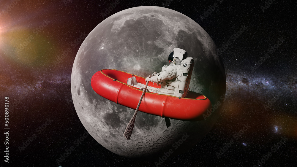 Canvas Prints astronaut in rubber boat in front of the moon