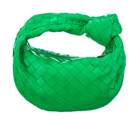 Gorgeous little handbag made of woven bright green leather, isolated on a white background. Frontal location. Women's accessories. - 500890102