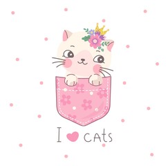 Cute kitten in pocket. Kawaii cat print, kid sweet pet for t-shirt. Art girl animal decor, funny decorative sticker with cartoon nowaday vector character