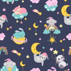 Sleeping animals background. Cute animal sleep, baby night dream fabric print. Cartoon rabbit fox, cute koala sloth on moon and clouds nowaday vector seamless pattern