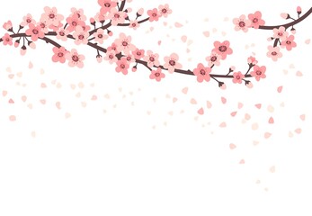 Cherry blossom. Apricot sakura flowers and flying leaves. Japanese tree branches, pink flowers and leaf. Isolated asian chinese blossom plant neoteric vector poster