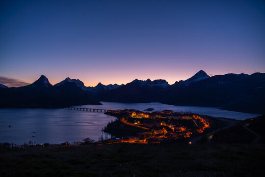 View of ria&ntilde;o, Spain and its mountains after sunset