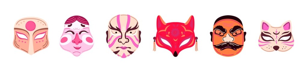 Doodle oriental style abstract masks. Angry mascot, cat and fox mask. Decorative asian elements, mystic totem or save symbols vector set