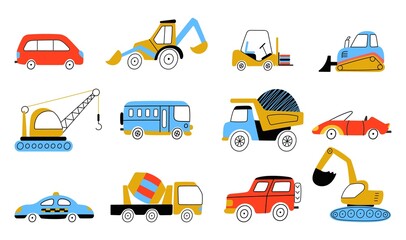 Kids style construction transport. Funny transportation children vehicle. Digger and truck, doodle tractor excavator. Funny childish nowaday vector stickers