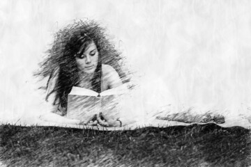 woman lying on blanket iand reading a book in pencil drawing style