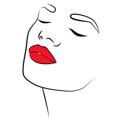 Drawing an abstract face with a seamless pattern with red lips. The modern art of minimalism. A continuous background line with a woman.