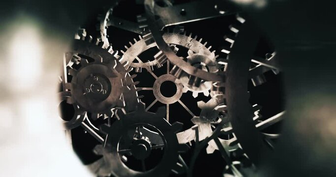 Rusty Old Rotating Machine Gears. Flying Inside Of Gears. Perfect Loop. Industry And Teamwork Related 3D Animation.
