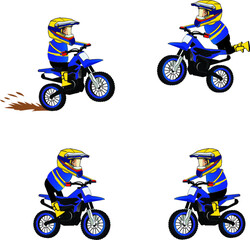 Fototapeta illustration of a Cartoon mascot a friendly character riding a specific type of dirtbike Training  with helmet  goggles and gloves obraz
