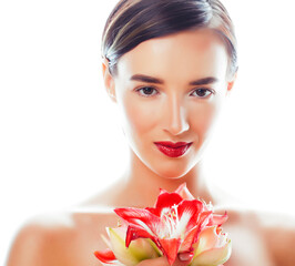 Fototapeta na wymiar young pretty brunette real woman with red flower amaryllis isolated on white background